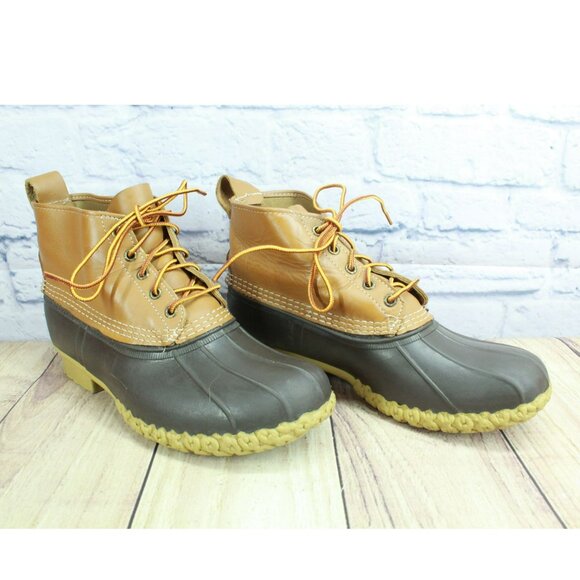 LL Bean Brown Leather Lace Up Round Toe Unlined Ankle Duck Boots Size 9 Wide - Picture 3 of 10